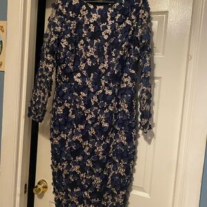 Xscape Navy and Cream Floral Long Sleeve Dress